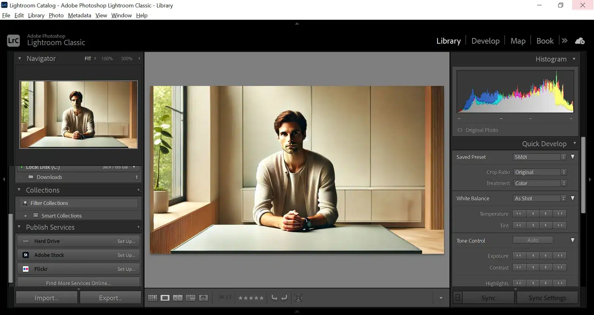 Adobe Lightroom interface displaying the editing process of a portrait of a man sitting at a table. The interface shows various editing tools and panels, including histogram and quick develop options.