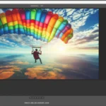 A skydiver under a rainbow-colored parachute gliding through the air with a scenic landscape and sunset in the background, displayed in the Adobe Camera Raw editing interface.