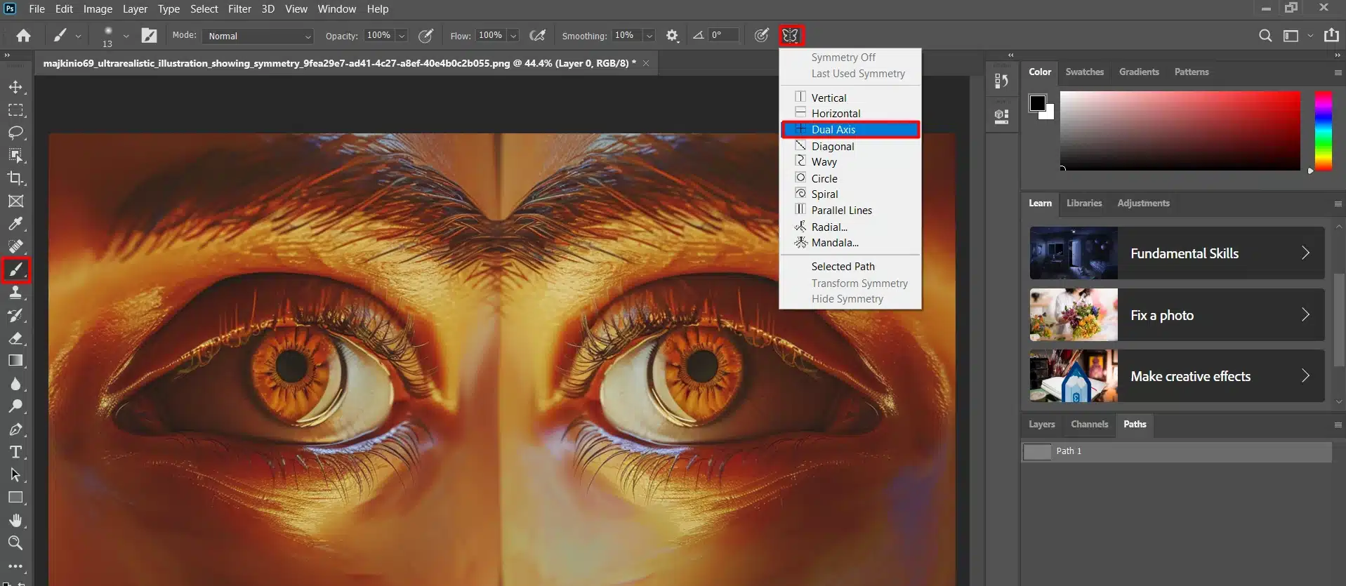 Adobe Ps balance tool interface showing the Balance options in the Brush tool, with an illustration of eyes on the canvas.