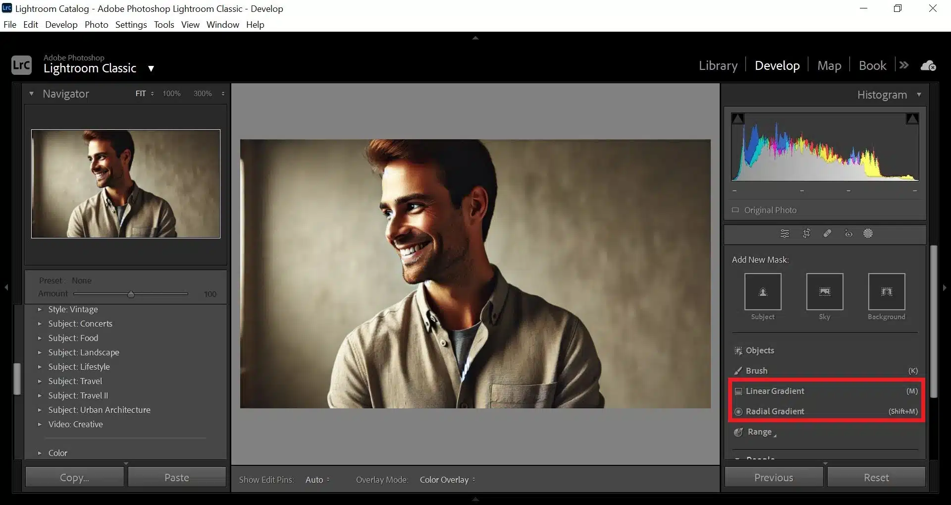Adobe Lr interface showing a portrait of a smiling man with editing tools visible. The interface includes options for linear gradient and radial gradient adjustments, and a histogram.