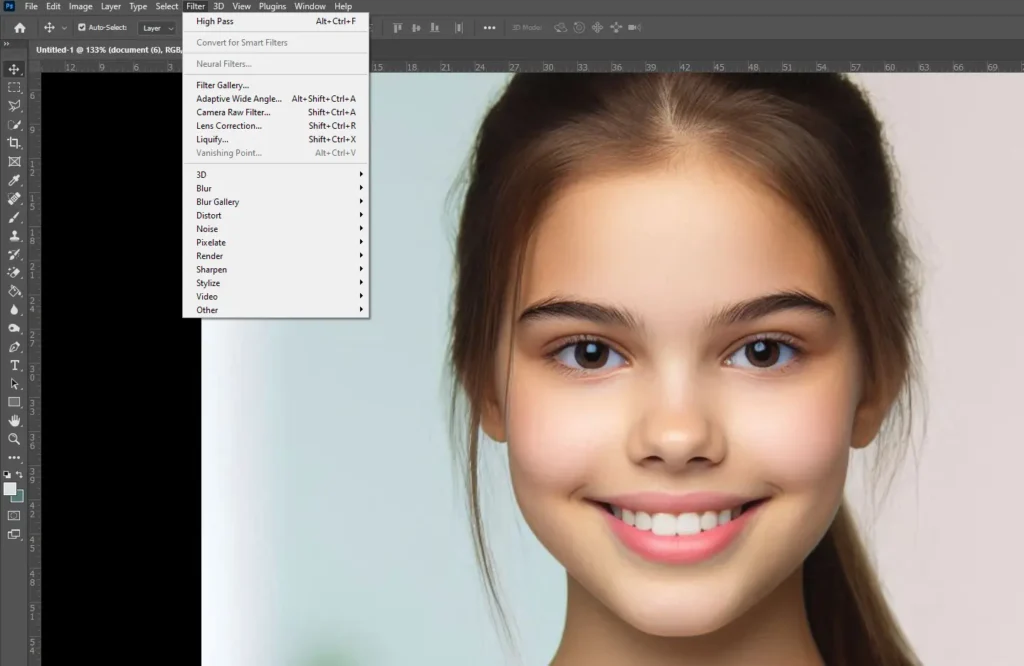 A comparison image showing the use of Neural Filters for skin smoothing in Photoshop. The young girl's portrait displays a clear, radiant complexion achieved through Neural Filters.