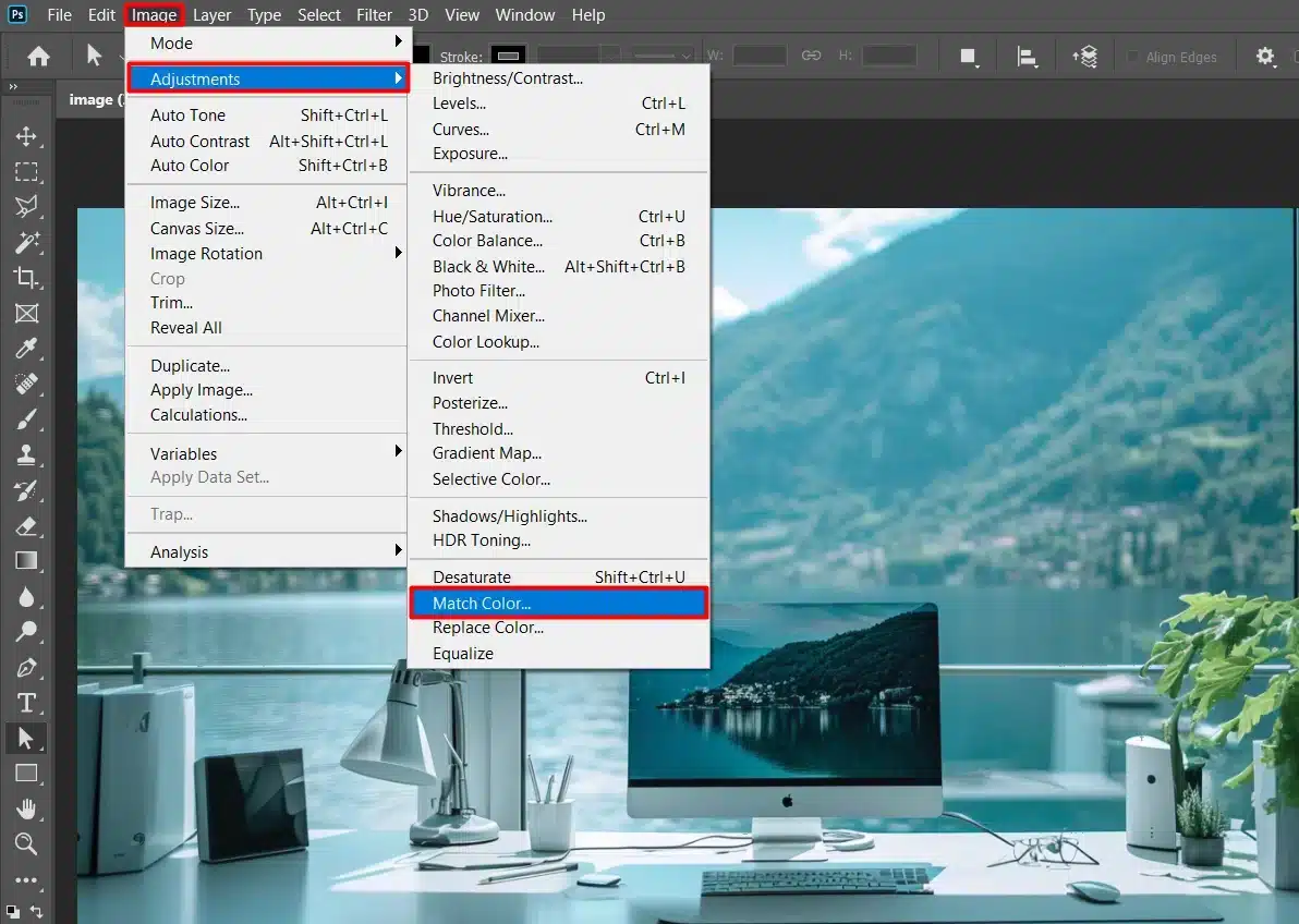 Photoshop interface showing the Match Color option under the Adjustments menu