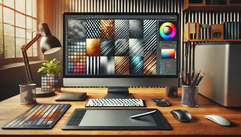 Professional digital design workspace for creating metallic effects, featuring a high-resolution monitor, graphics tablet, and color swatches.