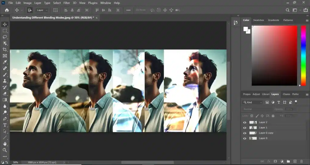 Photoshop interface displaying a man looking up at the sky, with multiple versions of the image using different blending modes. The variations show how blending modes alter the appearance of the image.