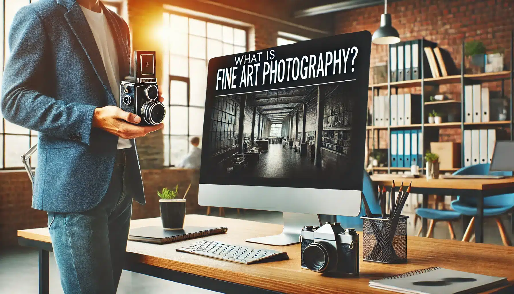 A person standing next to a desk, looking at a desktop computer screen displaying the text "What is Fine Art Photography?" while holding a camera in their hand. The office background includes shelves, office supplies, and a window with natural light.