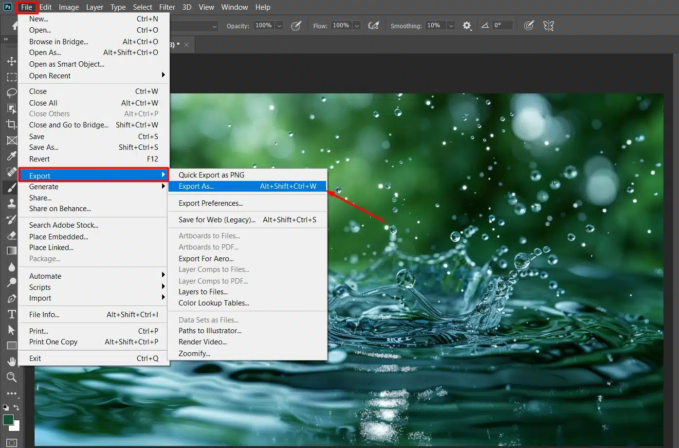 Exporting the image with the raindrops effect in Photoshop.