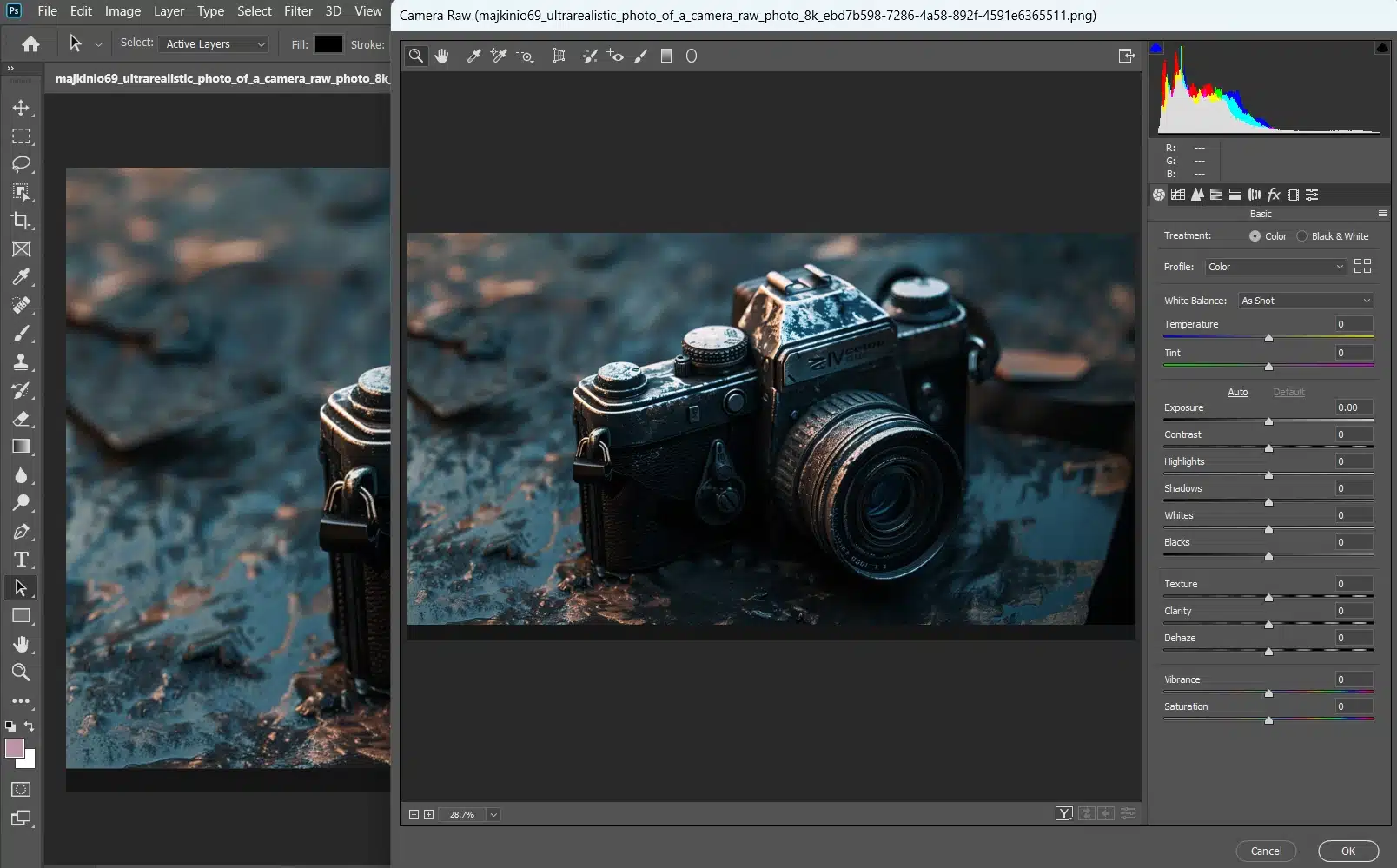 Adobe Photoshop interface with an image open in Camera Raw, showing adjustment sliders for exposure, contrast, and other settings.