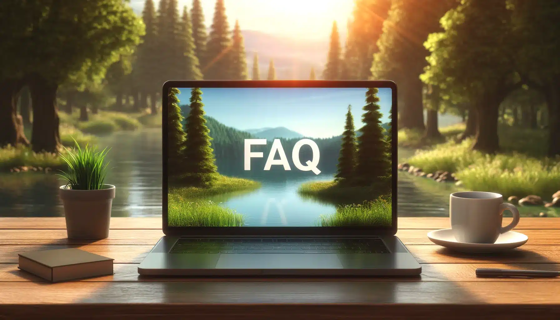 An image of a Photoshop black and white shortcut FAQ displayed on a laptop screen in a serene outdoor setting