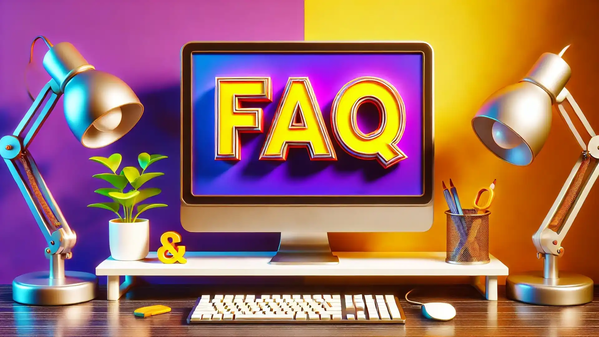 Modern PC setup with a large monitor displaying "FAQ" in bold letters, set against a purple and yellow background.