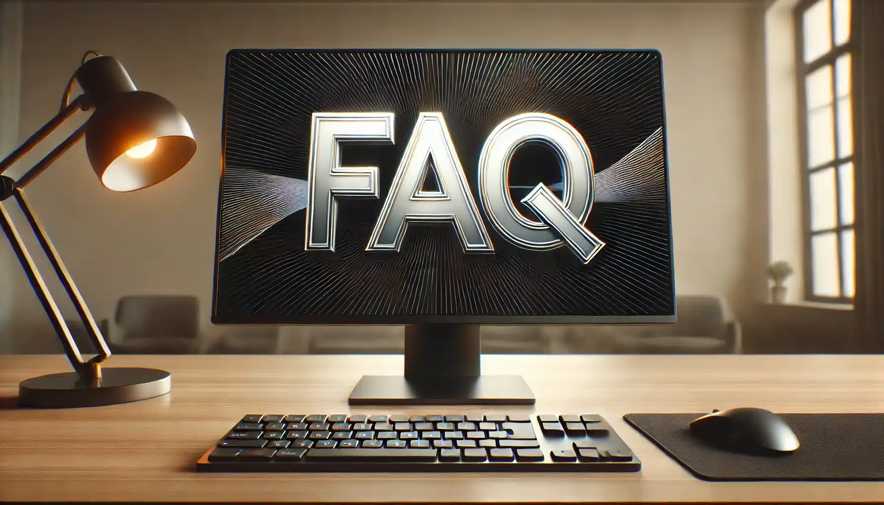 A modern computer monitor displaying the word 'FAQ' in large, bold letters, set on a stylish desk in a professional office environment