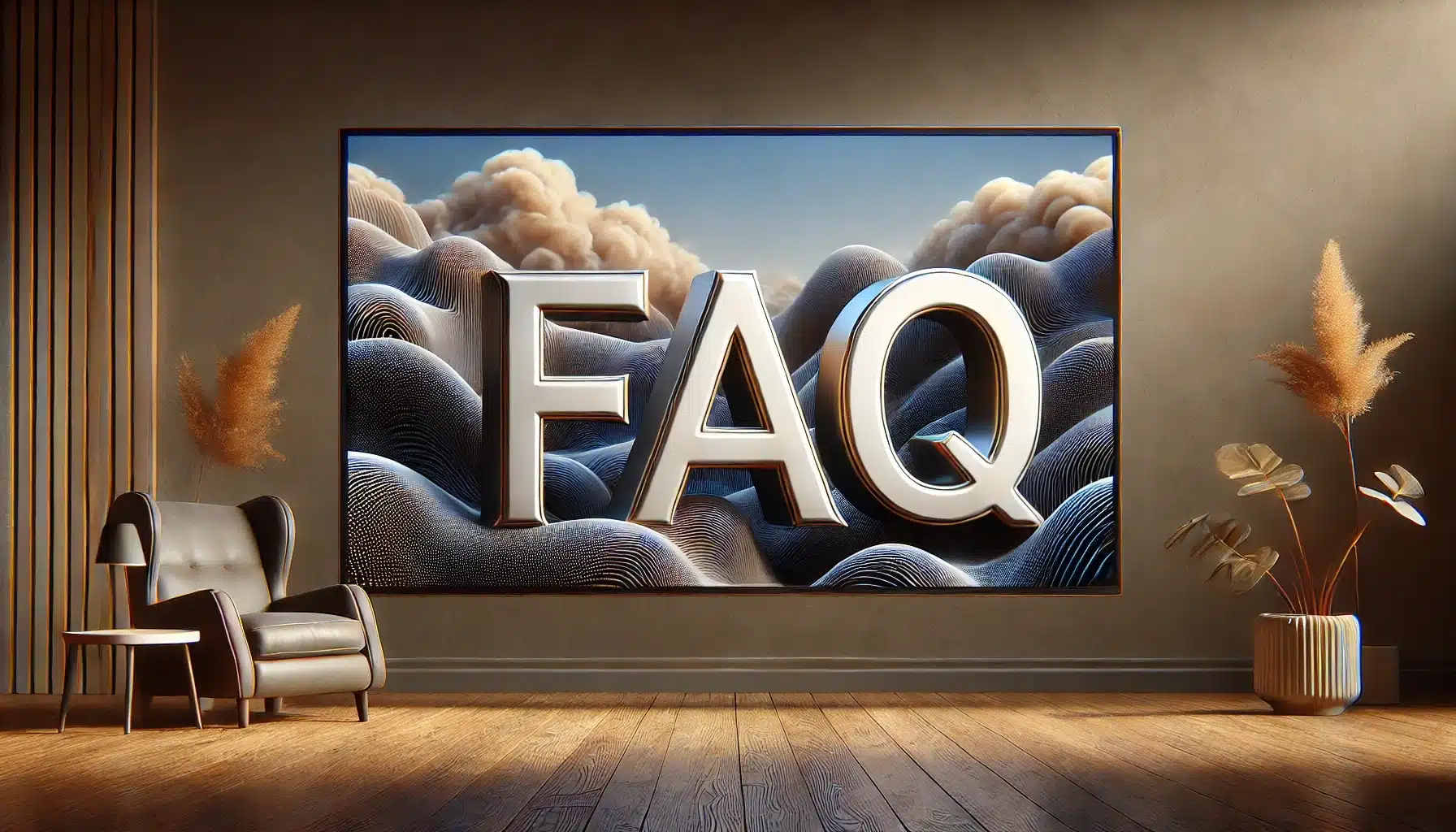 High-resolution, realistic style photo with the word 'FAQ' prominently displayed on a minimalistic and modern background