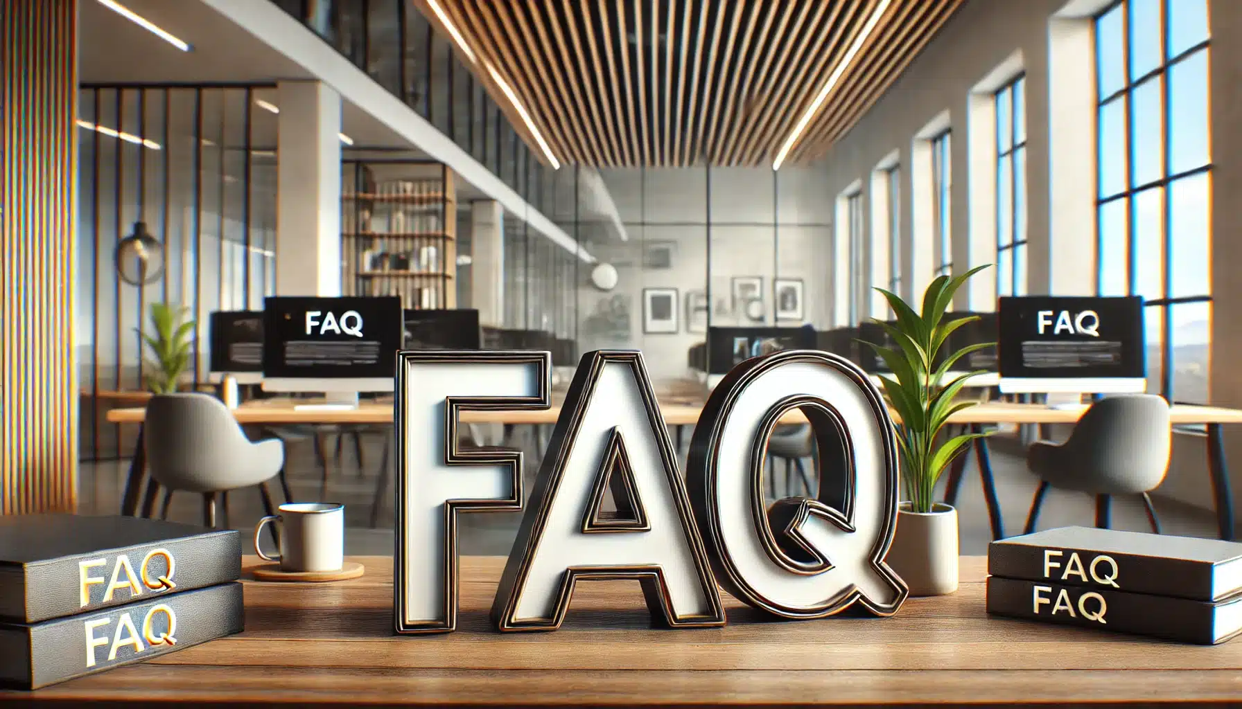 A high-resolution, realistic style photo designed for an article blog post featuring the word "FAQ" prominently displayed on a clean and professional computer screen