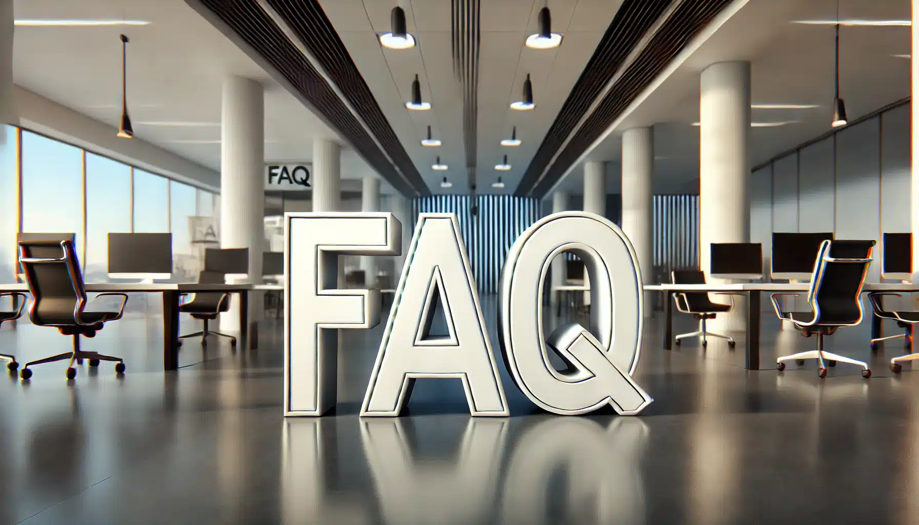 A clean and professional design photo with the word 'FAQ' prominently displayed in an office setting
