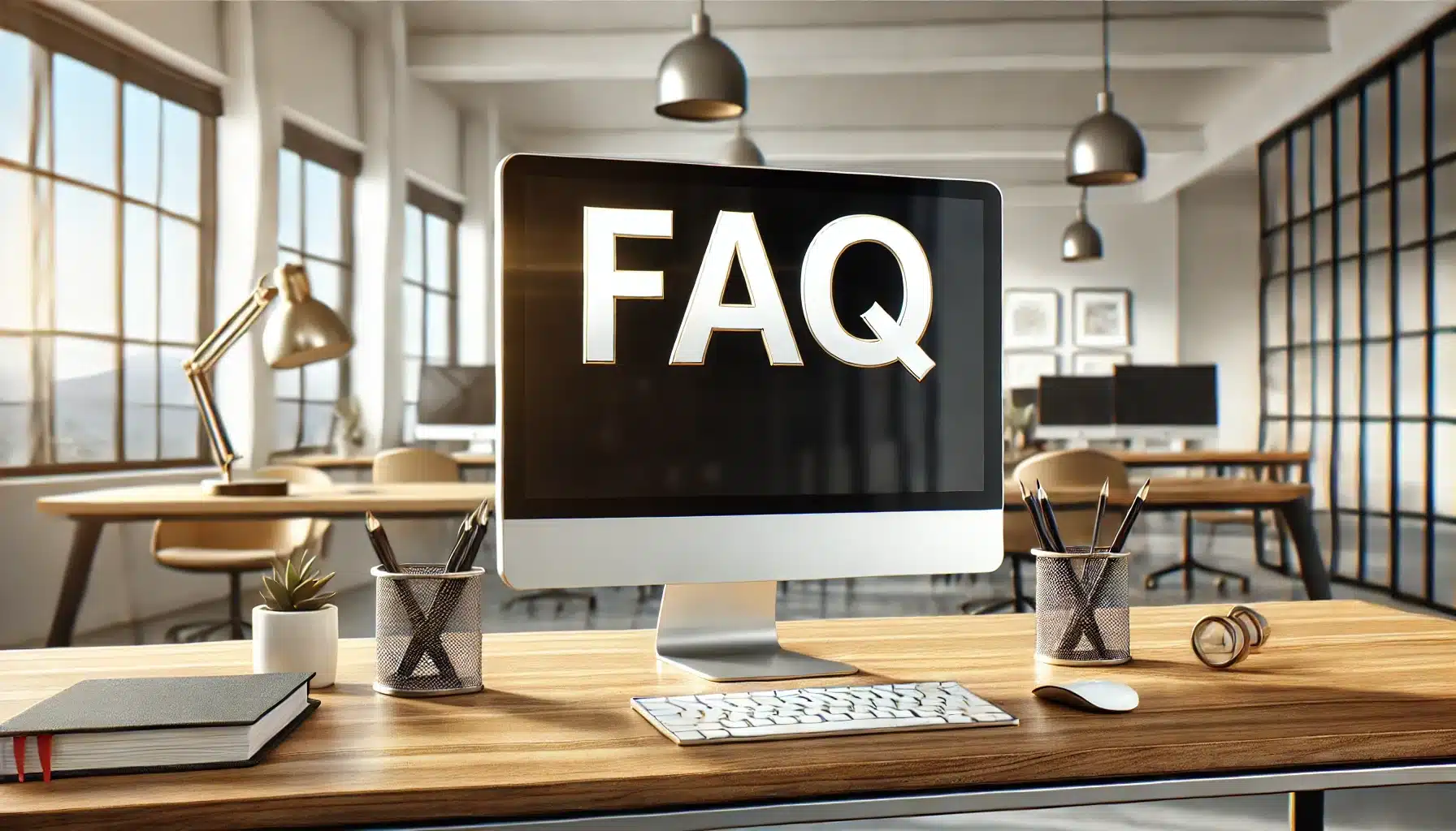 A clean and professional design photo featuring the word 'FAQ' prominently displayed on a computer screen in a modern office setting