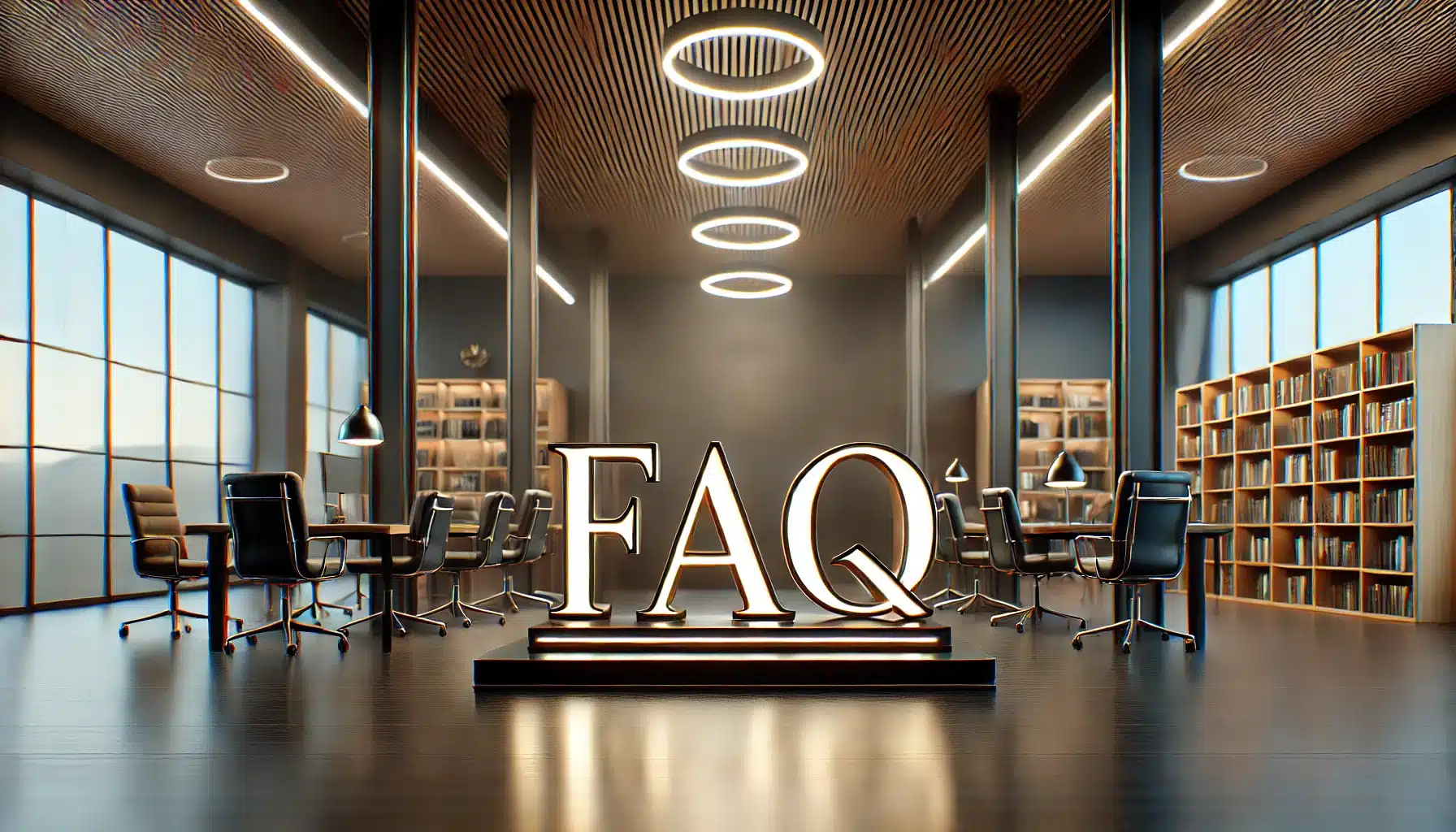 FAQ prominently displayed on a modern office or library setting, creating a clean and professional look for a blog post