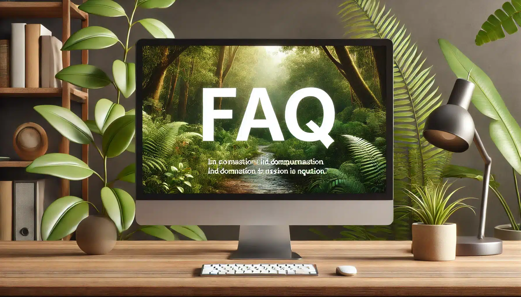 Desktop PC in a nature-themed environment with 'FAQ' written on the screen