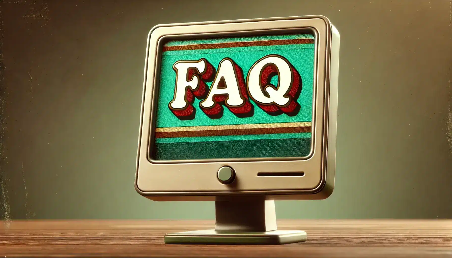 A retro-style PC monitor with the text "FAQ" displayed in large, bold letters on the screen. The background of the screen is a green and brown gradient.