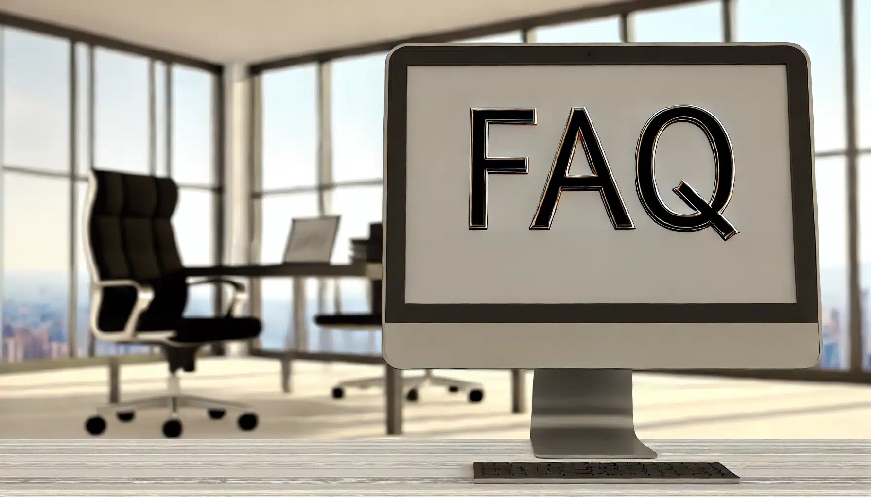 A PC in a modern office setting with the word 'FAQ' in big, bold letters on the screen.