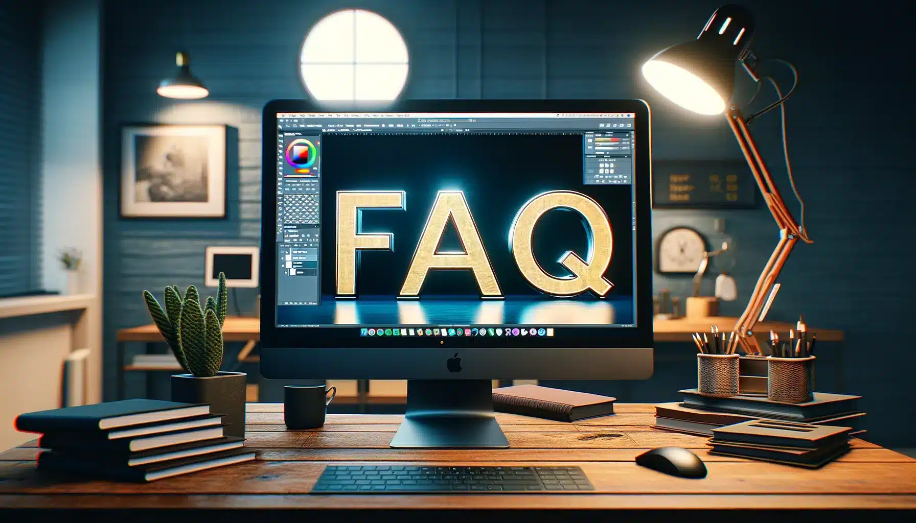 An elegant desktop setup featuring a large monitor displaying the word FAQ in glowing letters, surrounded by creative workspace elements.