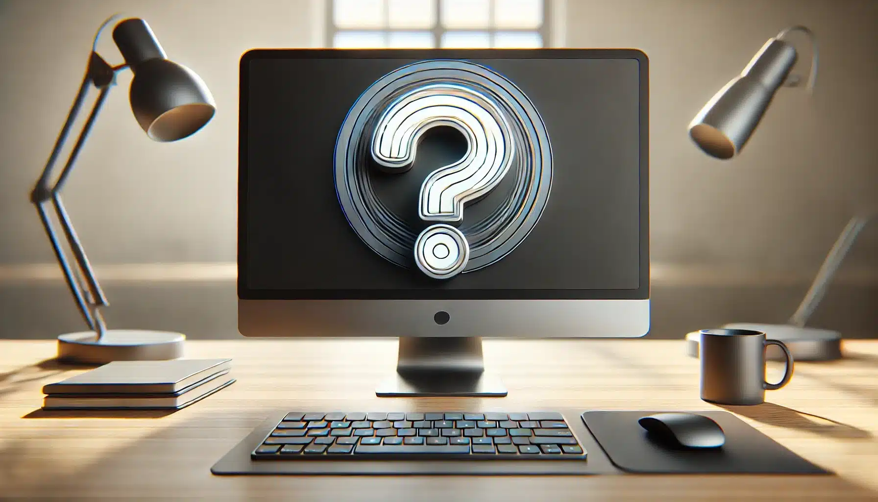 A high-resolution, realistic photo of a modern, sleek computer screen displaying a large question mark against a blurred background, indicating a focus on queries or FAQs