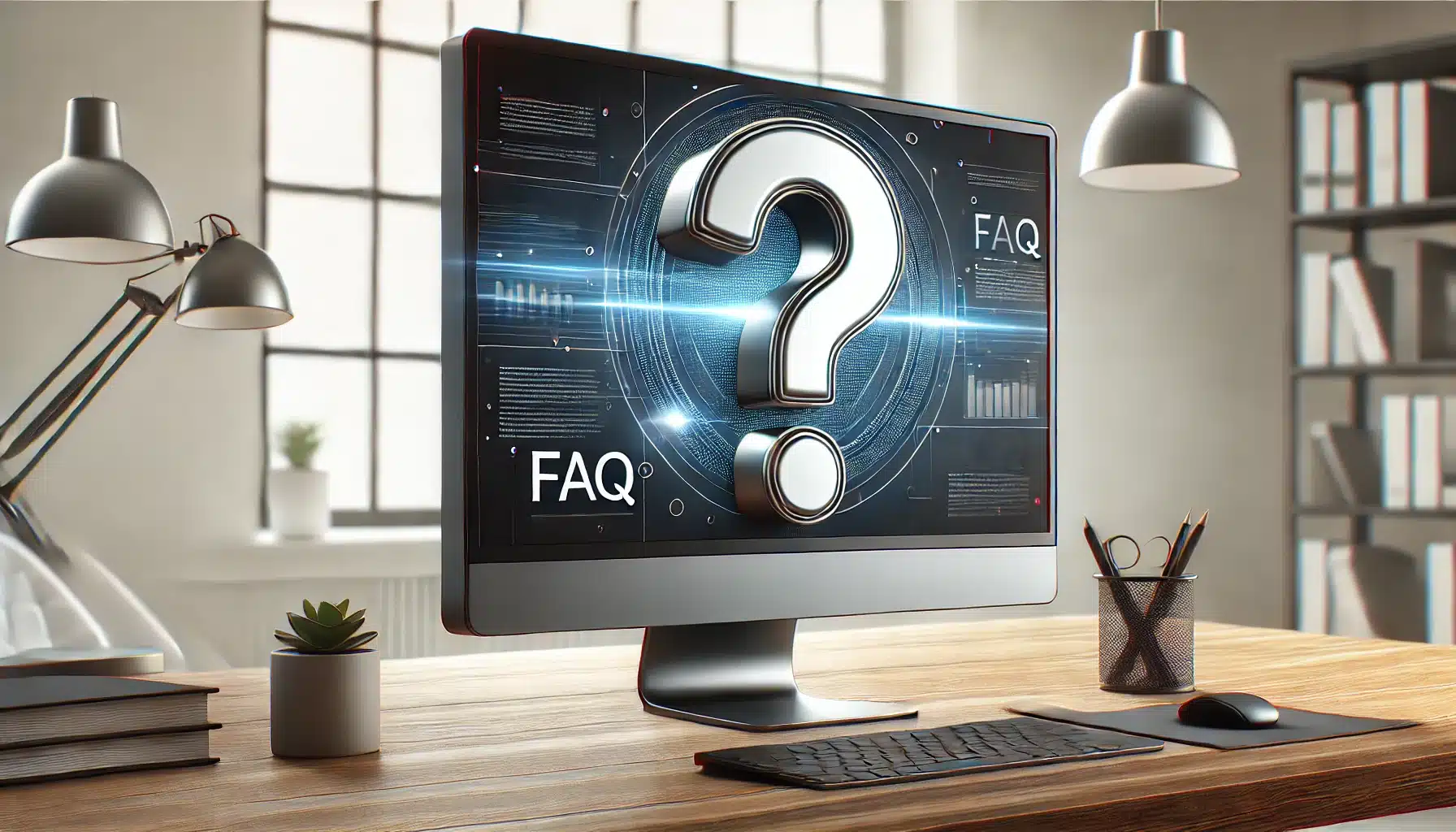 A high-resolution, realistic photo of a PC screen with a large question mark displayed, featuring a clean and professional design with a modern, informative style. The composition follows the rule of thirds, with sharp focus and enhanced details