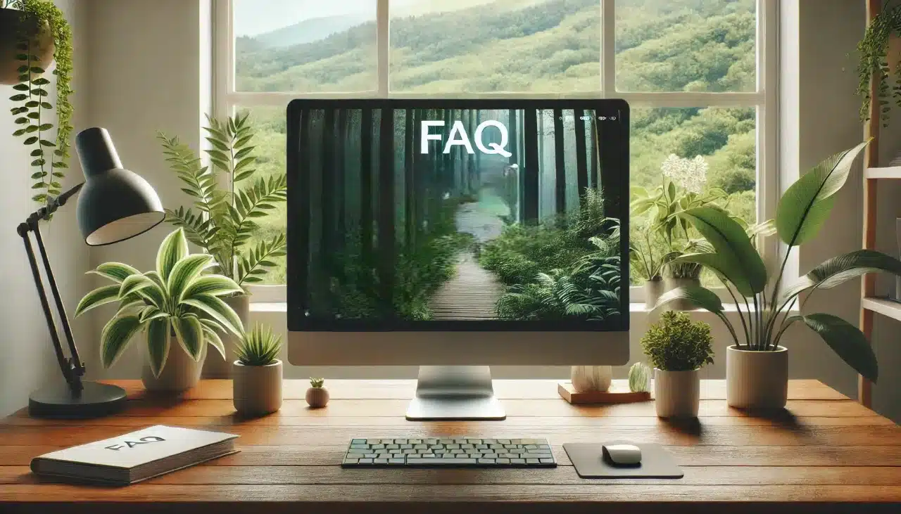 A high-resolution photo of a computer screen displaying a FAQ section, set on a desk surrounded by lush green plants, with a forest view through a large window in the background