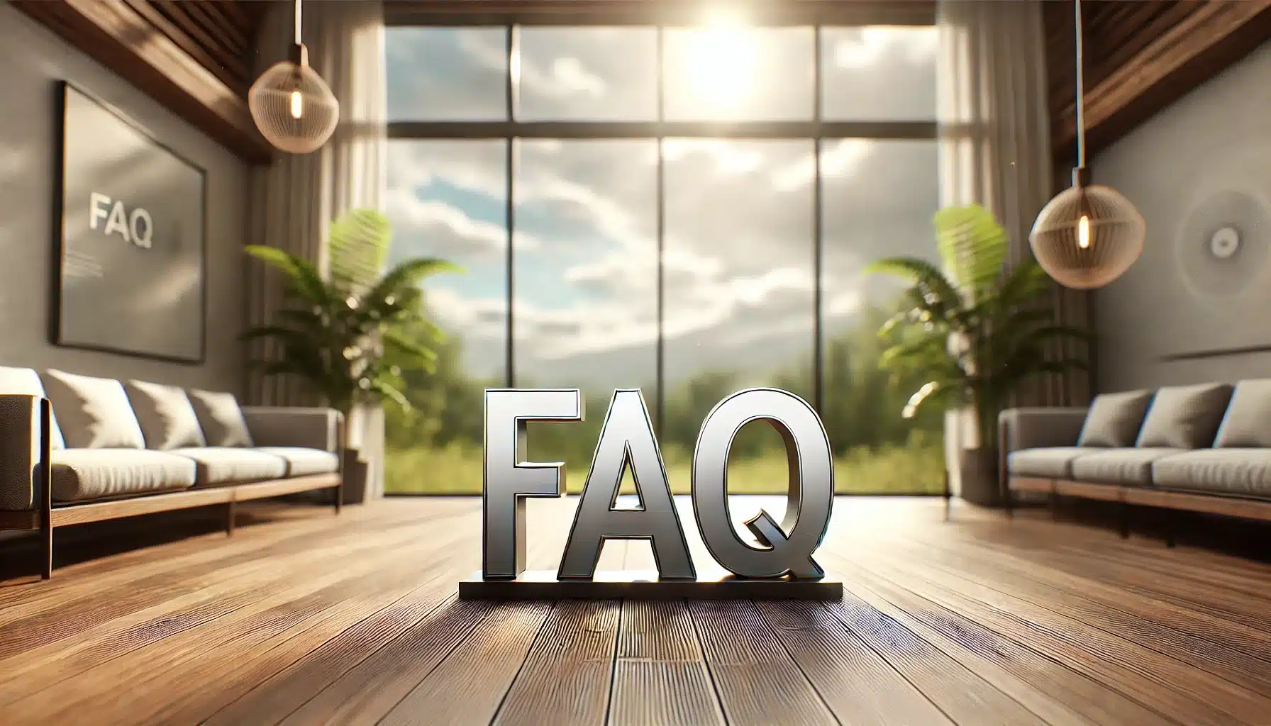 Professional design photo featuring the word 'FAQ' prominently displayed with a clean, blurred outdoor natural background, in 8k resolution