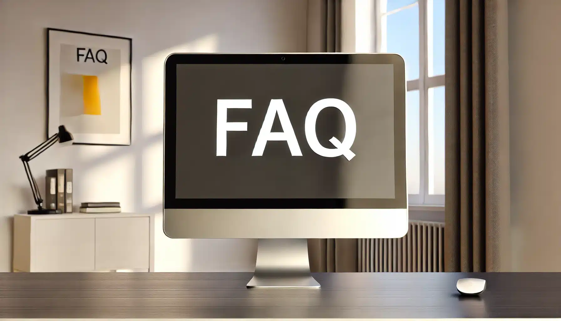 A modern desktop computer setup with the word 'FAQ' displayed in large, bold letters on the screen