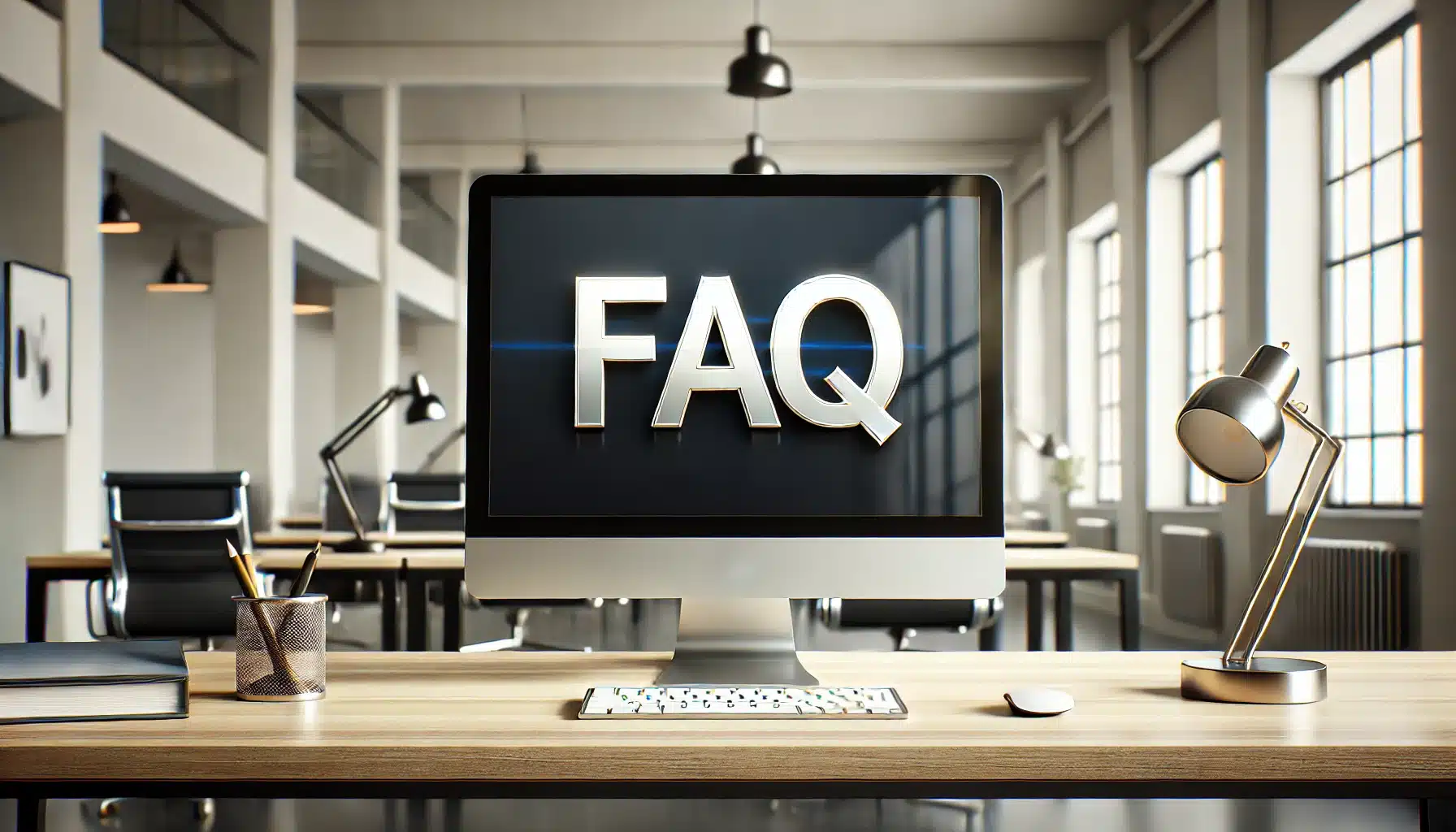 Computer screen displaying FAQ text in an office environment.