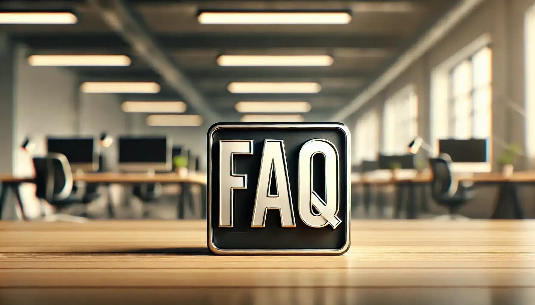 Professional design photo featuring the word 'FAQ' prominently displayed with a clean, blurred office background, in 8k resolution