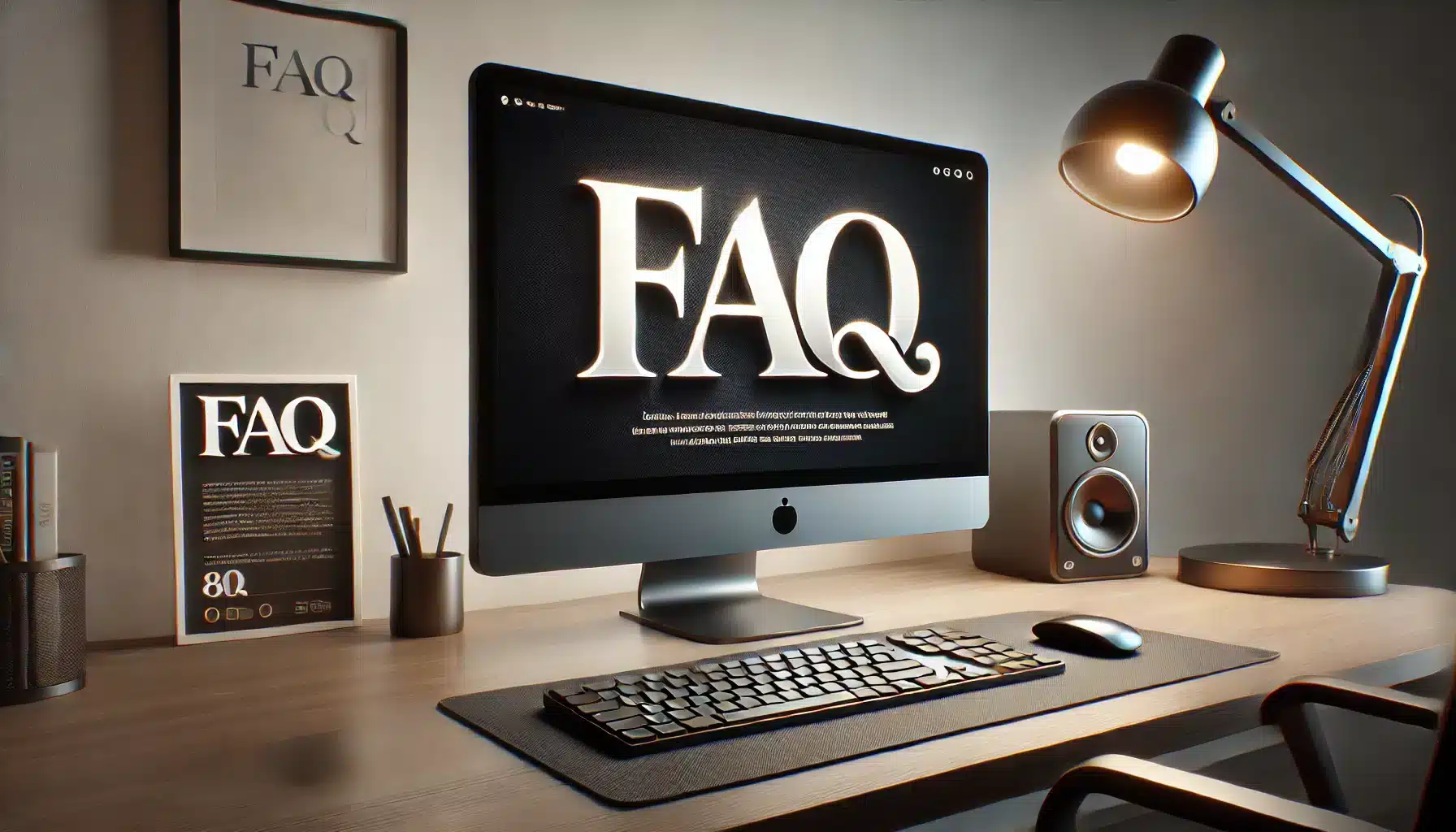 Computer screen displaying FAQ in a modern office setting.