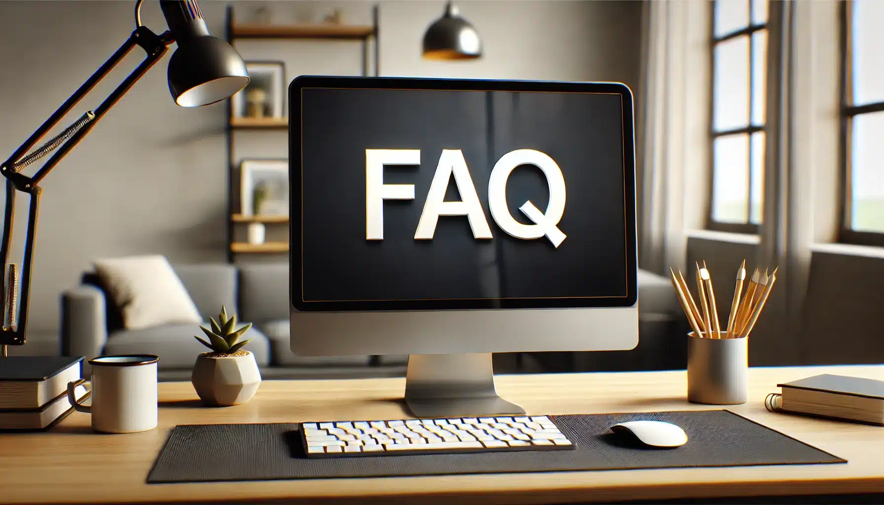 Modern office desk setup with a computer monitor showing "FAQ" on the screen, surrounded by a potted plant, coffee mug, pencils, and books, with large windows in the background.