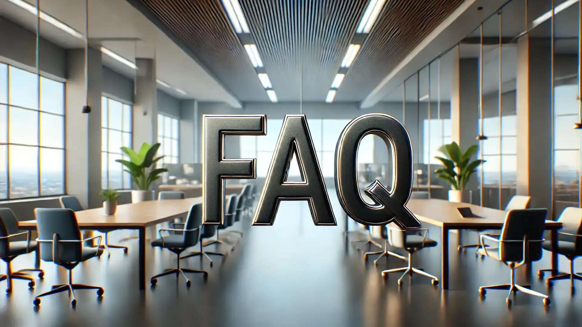 Large, bold letters spelling “FAQ” stand prominently in the center of a modern office conference room with floor-to-ceiling windows overlooking a cityscape.