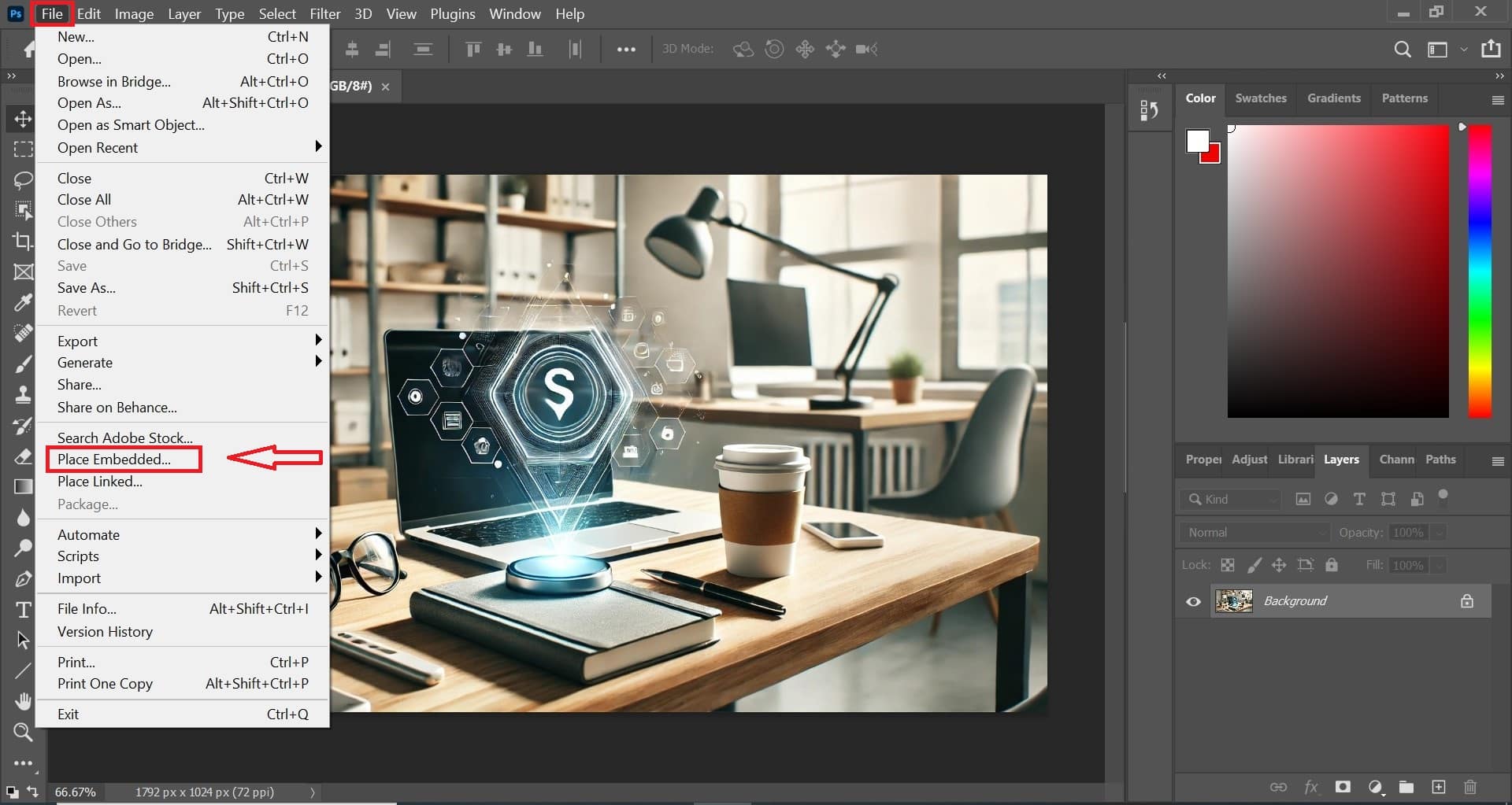 Adobe Photoshop interface showing the process of placing embedded smart objects. The File menu is open with the 'Place Embedded' option highlighted. The workspace includes a modern office setup with a laptop, coffee cup, notebook, and glasses.