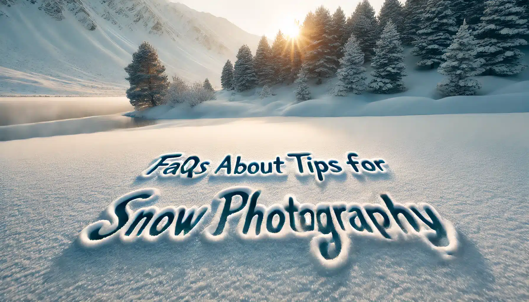 The words "FAQs About Tips for Snow Photography" written in the snow, with a snowy landscape featuring snow-covered trees and a serene winter scene in the background.
