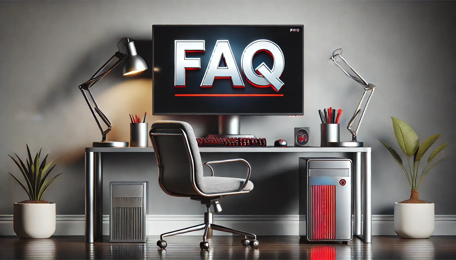 Modern PC setup with a silver desktop computer and red accents, displaying 'FAQ' on the monitor.