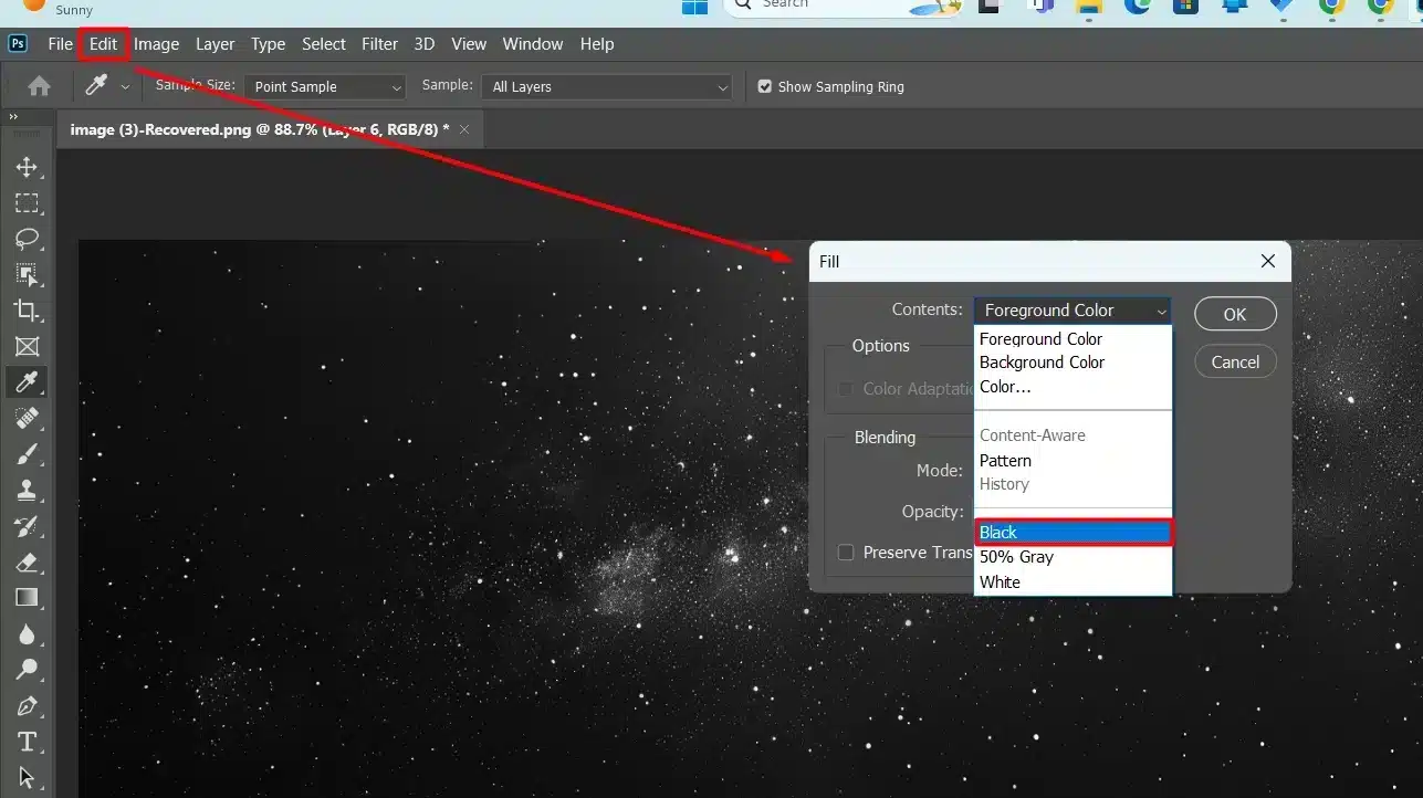 Photoshop interface with the "Fill" dialog box open, highlighting the selection of the black foreground color for a new layer.