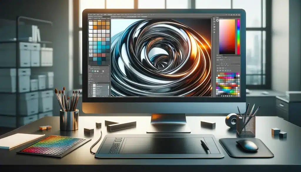 Professional digital design workspace displaying a polished metallic effect on a high-resolution monitor, including design tools like a graphics tablet, mouse, and keyboard.