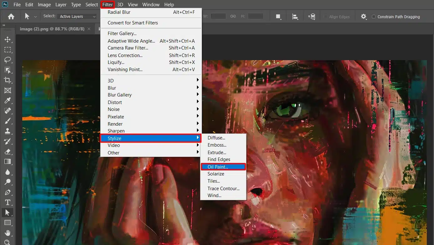 Photoshop interface showing the process of selecting the Oil Paint filter under the Stylize menu, with a vibrant digital painting in the background