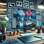 Professional photo editing workspace with a Photoshop project showing fireworks effects over a cityscape, including multiple layers and adjustment settings, with a graphics tablet, stylus, and editing notes on the desk, with photography books and a camera in the background.