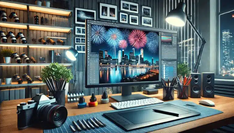 Professional photo editing workspace with a Photoshop project showing fireworks effects over a cityscape, including multiple layers and adjustment settings, with a graphics tablet, stylus, and editing notes on the desk, with photography books and a camera in the background.