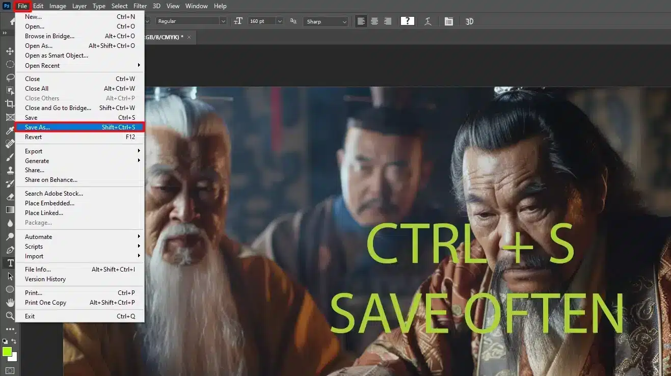 Photoshop screenshot highlighting the Save As option in the File menu