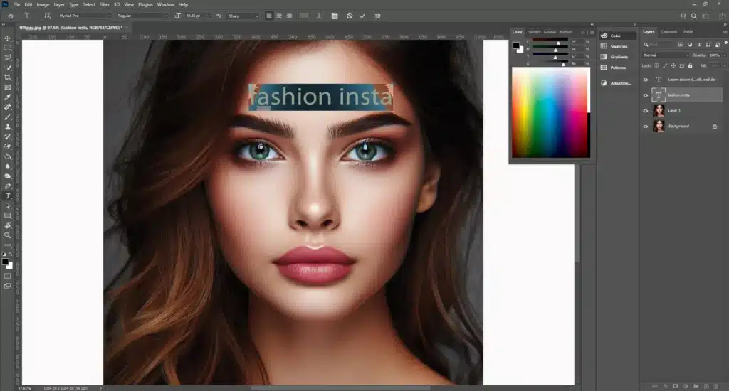 It is showing a high-quality photo of a woman with the text 'fashion insta' typed on her forehead. The text is being formatted, with alignment and spacing options visible in the Options Bar.