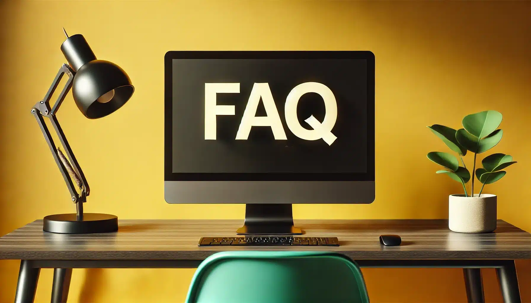 A computer on a desk with a screen displaying the word FAQ, set against a yellow and green background.