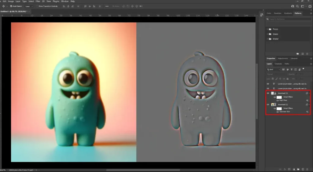 Side-by-side comparison of a toy figure before and after applying frequency separation in Photoshop.