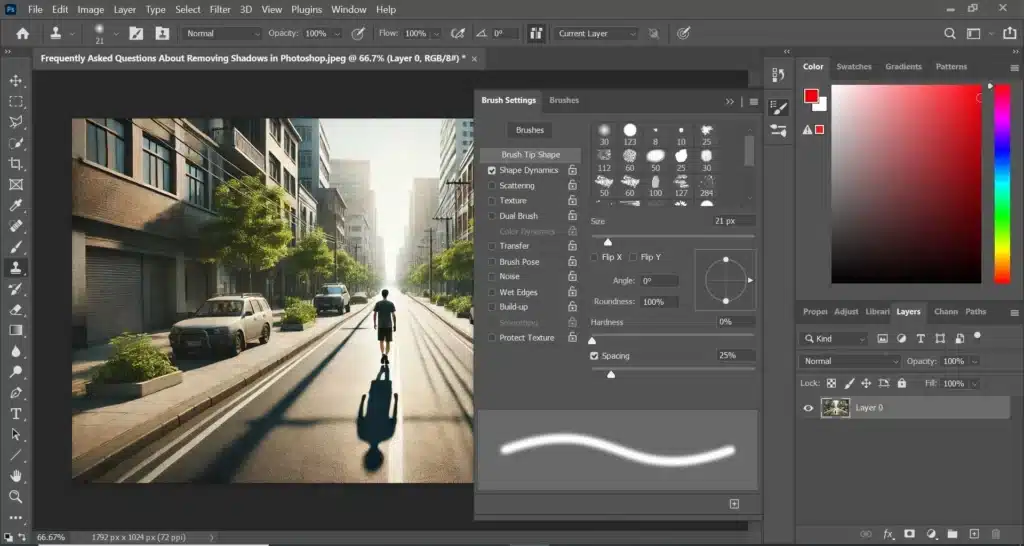 Screenshot of Photoshop showing a person walking on a street with their shadow, demonstrating the process of fixing shadows in Photoshop and explaining Photoshop shadow removal tutorial also.