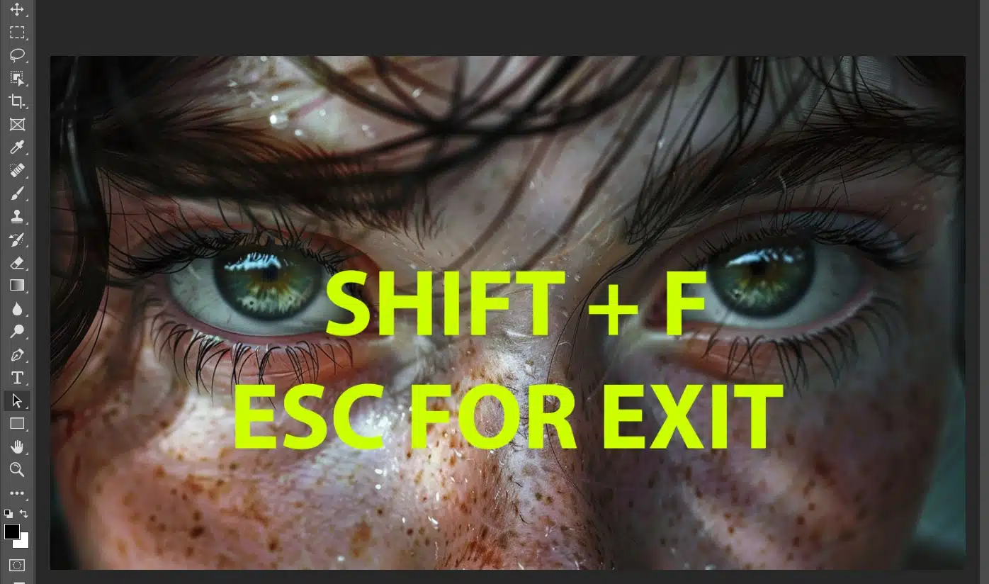 Screenshot of a close-up face in Photoshop with the text 'SHIFT + F ESC FOR EXIT' overlaid.