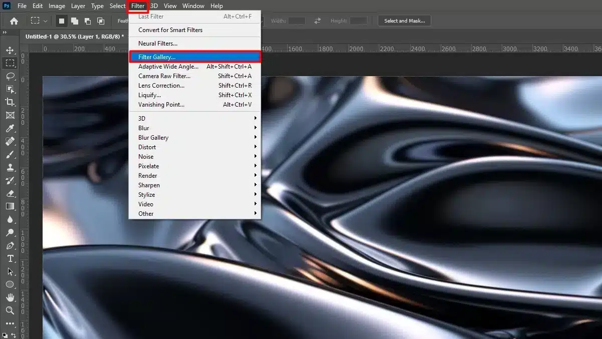 Photoshop interface showing how to use filters to create a metallic effect