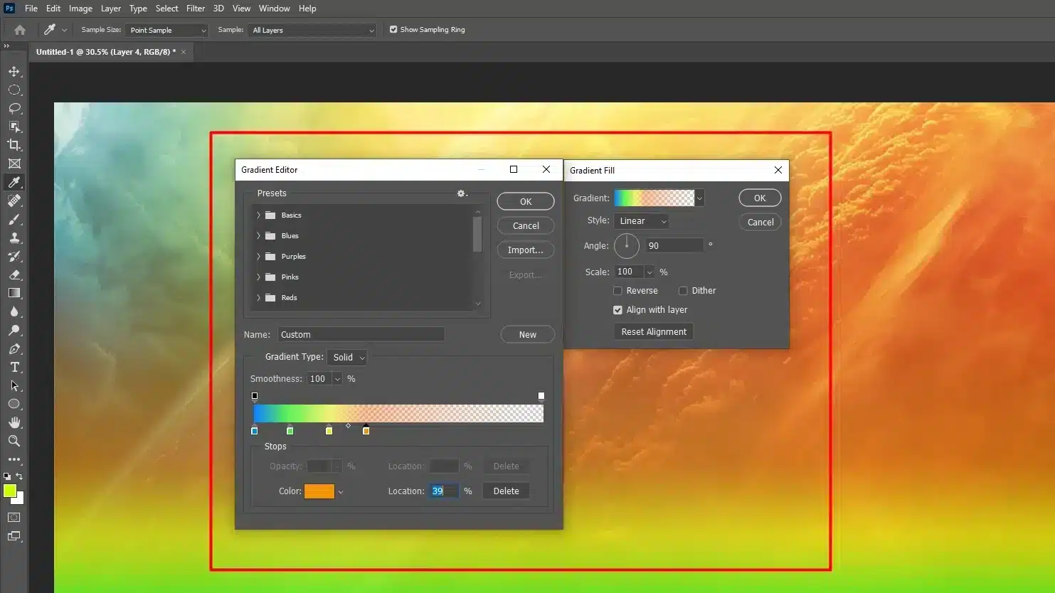 Photoshop interface with the Gradient Fill dialog box open