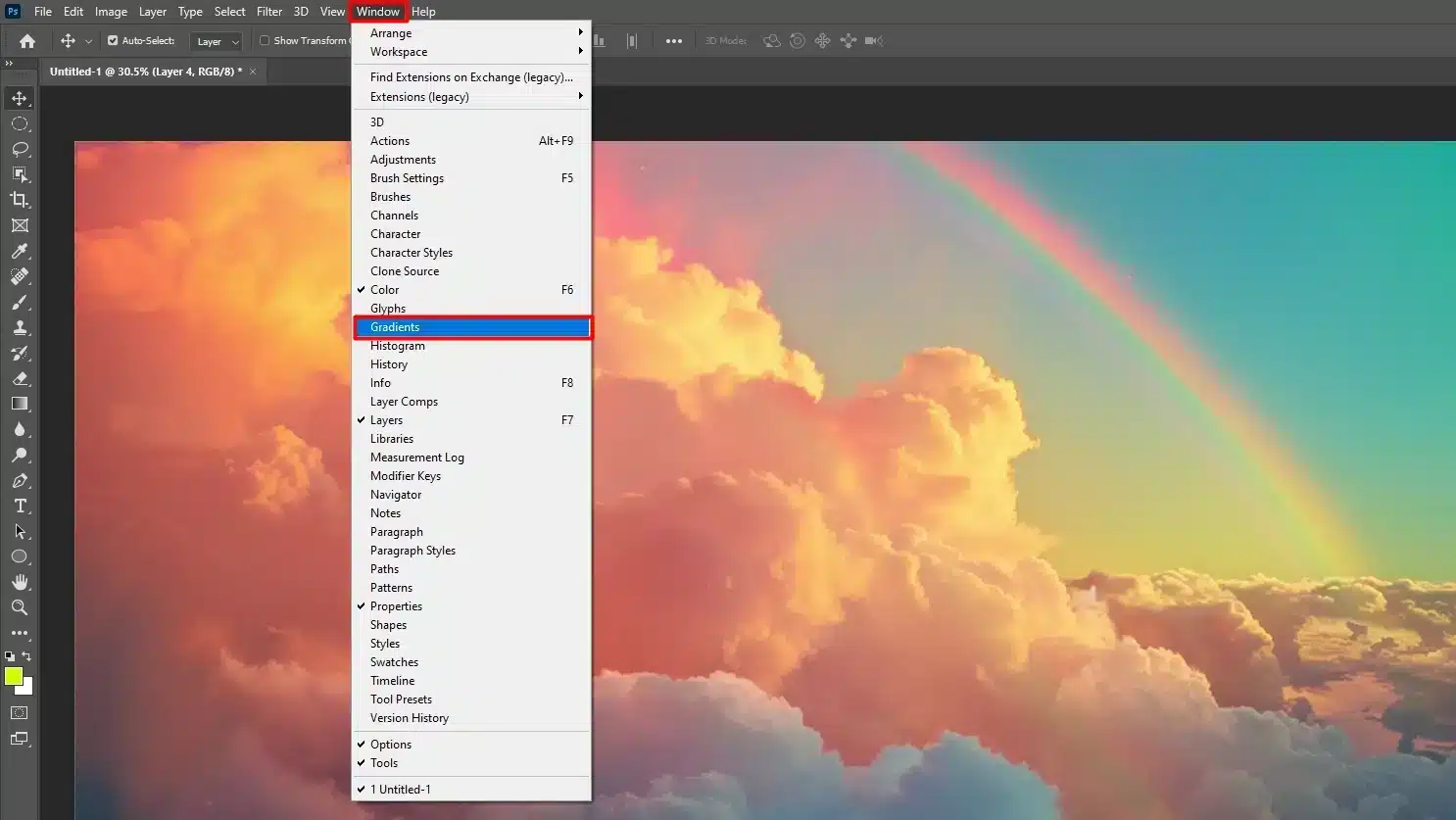 Photoshop interface showing the Gradients panel with vibrant colors